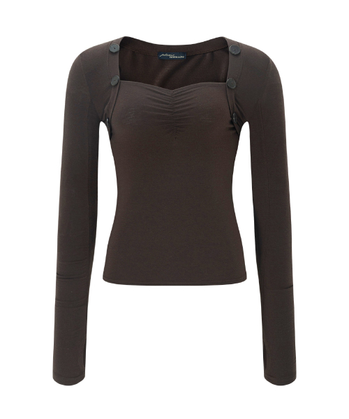 Valerie Shirring Button Long Sleeve Top (Brown)