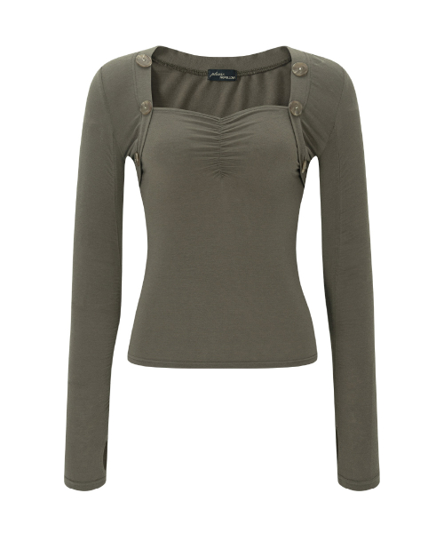 Valerie Shirring Button Long Sleeve Top (Khaki)
