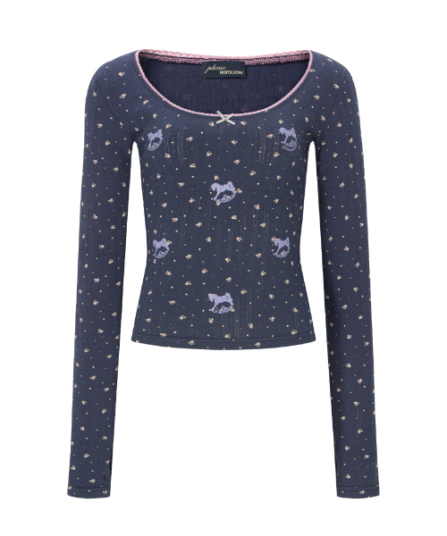 Pony Flower Lace Long Sleeve Top (Navy)