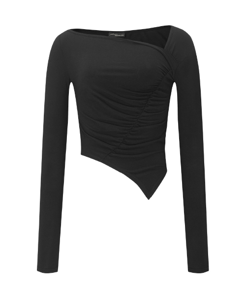 Sadie Unbal Shirring Long Sleeve Top (Black)