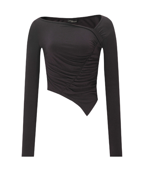 Sadie Unbal Shirring Long Sleeve Top (Deep Brown)