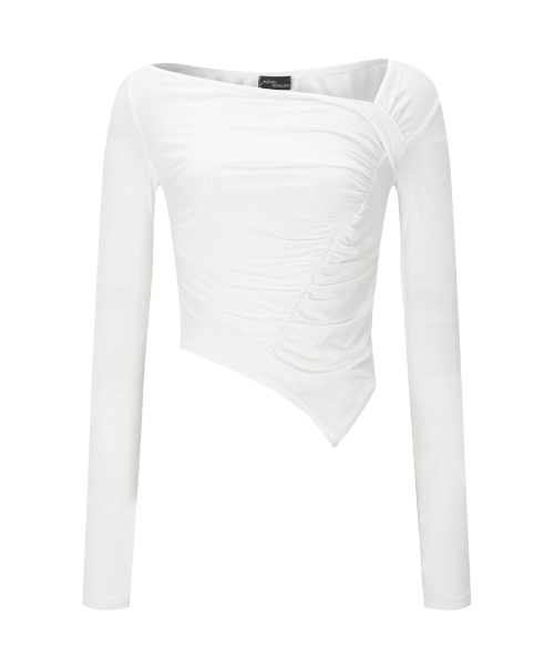 Sadie Unbal Shirring Long Sleeve Top (White)