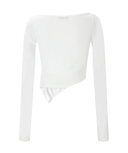 Sadie Unbal Shirring Long Sleeve Top (White)
