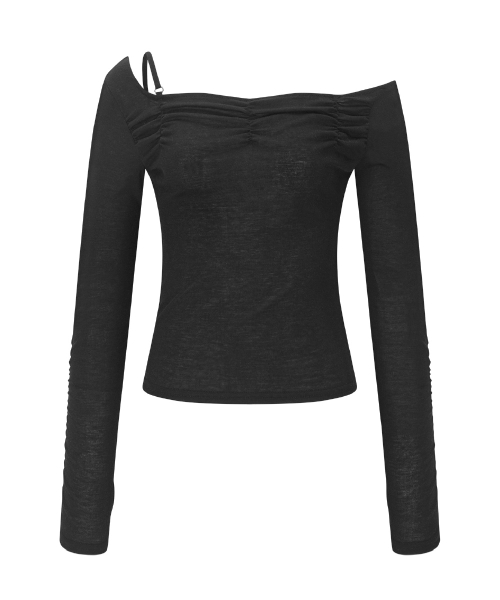 Halo Unbal Shirring Long Sleeve Top (Black)