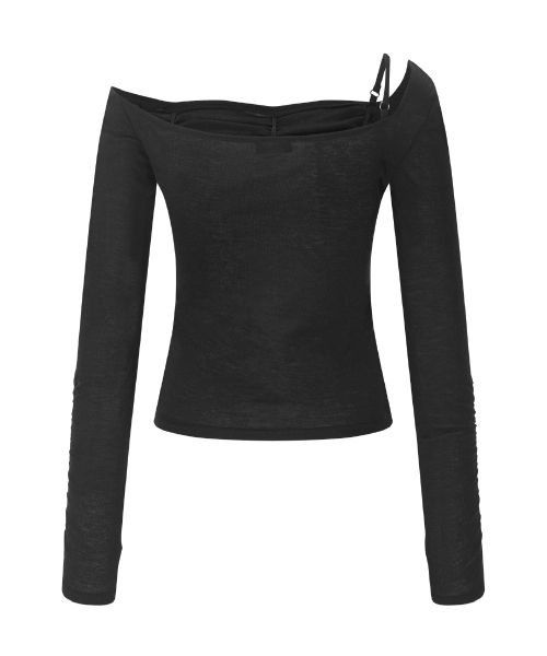 Halo Unbal Shirring Long Sleeve Top (Black)