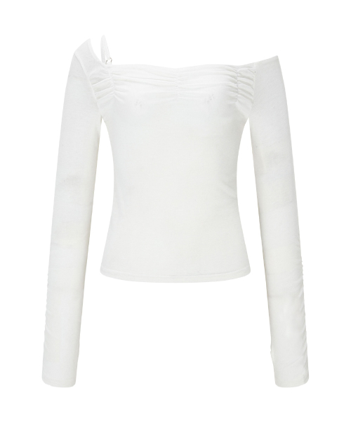 Halo Unbal Shirring Long Sleeve Top (White)
