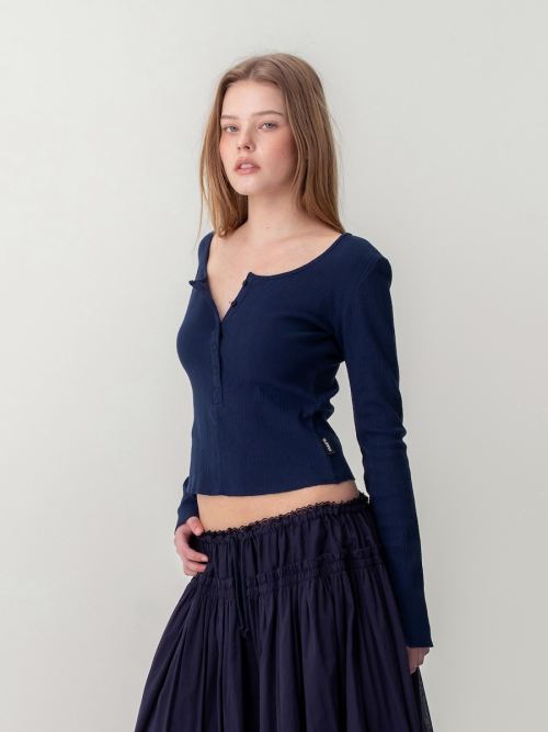 HONEY EYELET BUTTON LONG SLEEVE (NAVY)