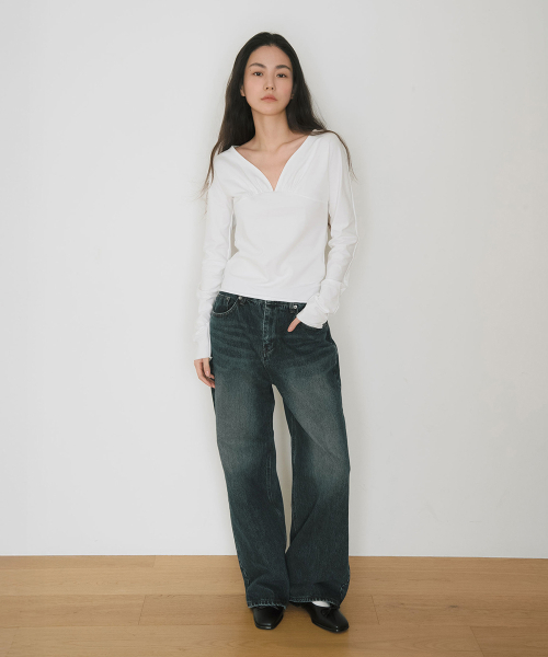 FRONTBACK SHIRRING CURVED TOP, IVORY
