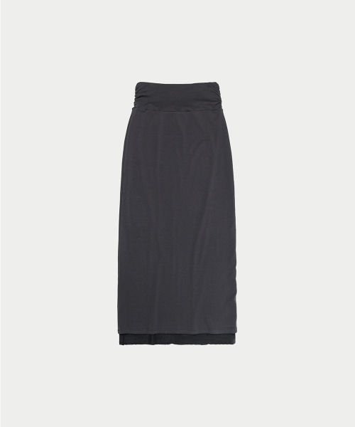 DOUBLE LAYERED SHIRRING MAXI SKIRT, CHARCOAL