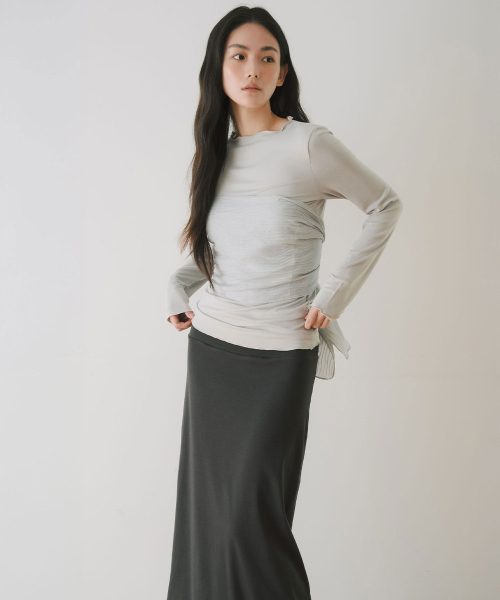 DOUBLE LAYERED SHIRRING MAXI SKIRT, CHARCOAL
