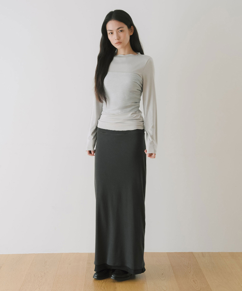 DOUBLE LAYERED SHIRRING MAXI SKIRT, CHARCOAL