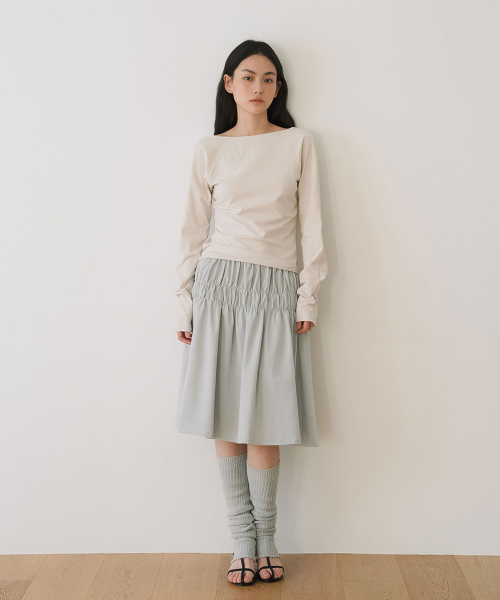SHIRRING FLARE MIDI SKIRT, LIGHT BLUE