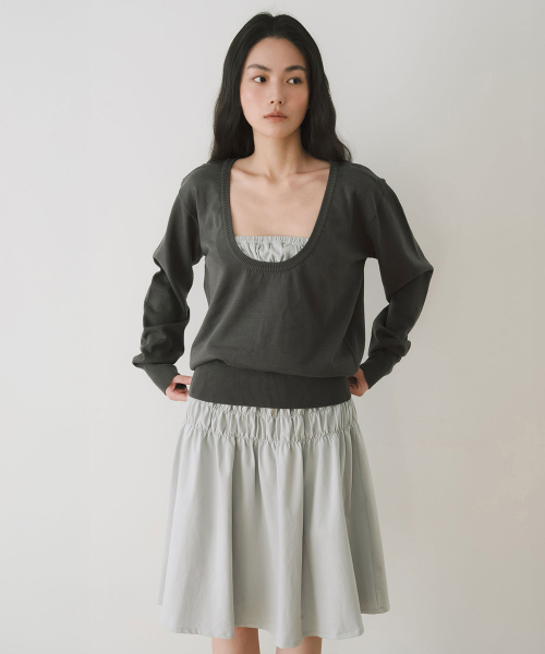 SHIRRING FLARE MIDI SKIRT, LIGHT BLUE