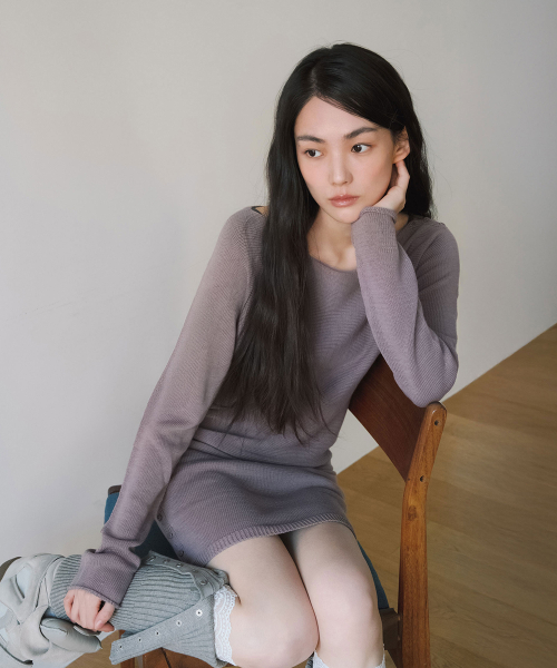 SIDE BUTTON CURVED KNIT DRESS, DUST PINK