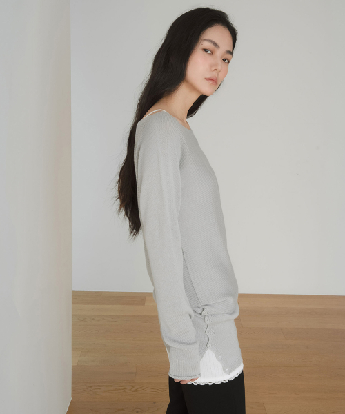 SIDE BUTTON CURVED KNIT DRESS, LIGHT GREY