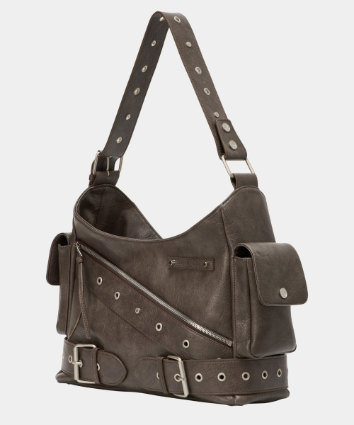 Strap Belt Eyelet Cross Big Bag (Brown)