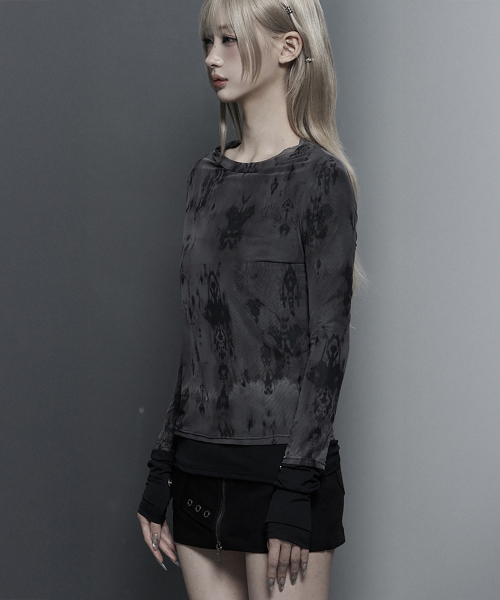 Sheer Double Rib Long Sleeve Top (Black)