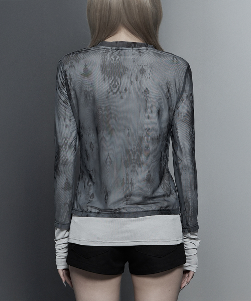 Sheer Double Rib Long Sleeve Top (Light Gray)