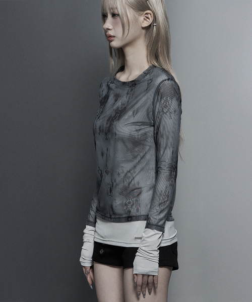 Sheer Double Rib Long Sleeve Top (Light Gray)