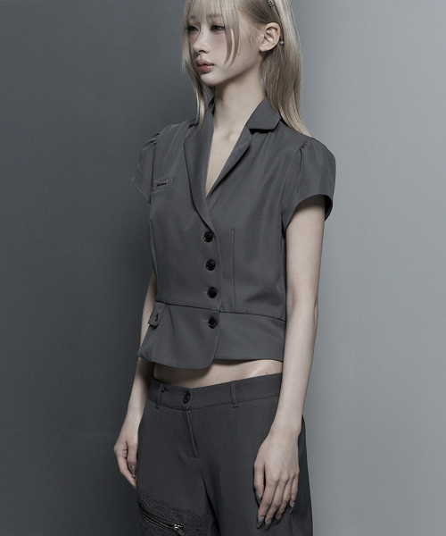 Cropped Short Sleeve Tailored Jacket (Dark Gray)