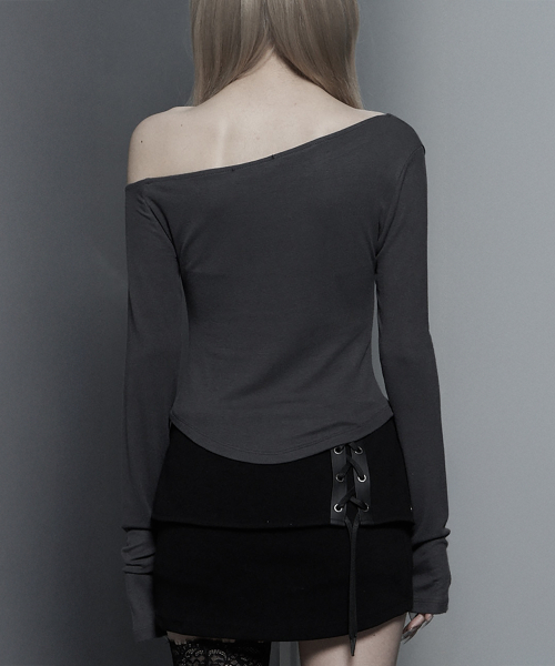 Lettering Printing One-Shoulder Long Sleeve Top (Dark Gray)