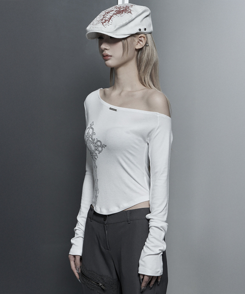 Lettering Printing One-Shoulder Long Sleeve Top (White)