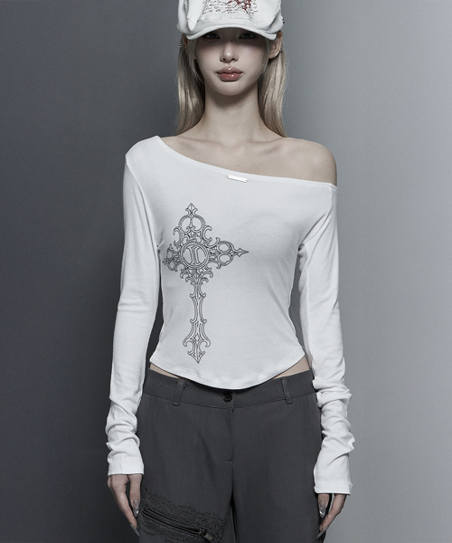 Lettering Printing One-Shoulder Long Sleeve Top (White)