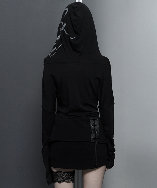 Lettering Hooded Slim-Fit Long Sleeve Top (Black)