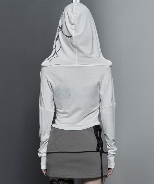 Lettering Hooded Slim-Fit Long Sleeve Top (lvory)