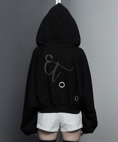 Hotfix Detail Cropped Two-Way Zip Hoodie (Black)