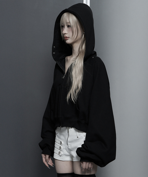 Hotfix Detail Cropped Two-Way Zip Hoodie (Black)