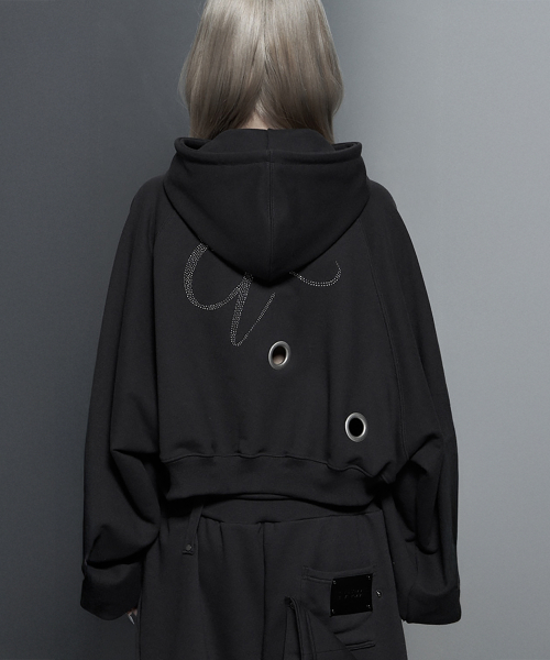 Hotfix Detail Cropped Two-Way Zip Hoodie (Charcoal)