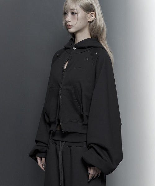 Hotfix Detail Cropped Two-Way Zip Hoodie (Charcoal)