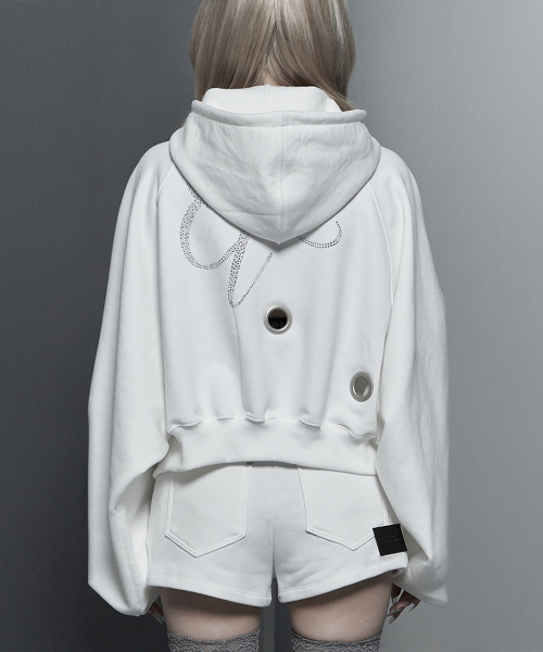 Hotfix Detail Cropped Two-Way Zip Hoodie (White)
