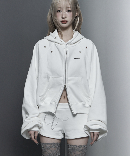 Hotfix Detail Cropped Two-Way Zip Hoodie (White)