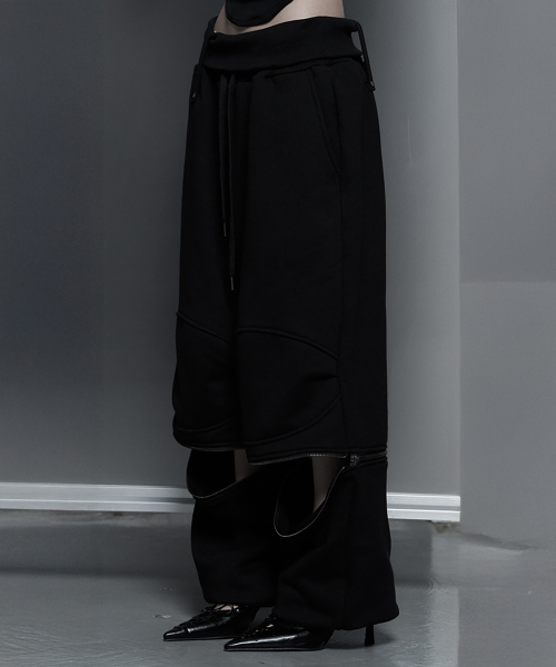 Zipper 2-Way Double Knee Bermuda Wide Pants (Black)