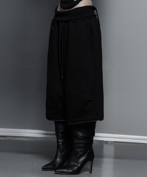 Zipper 2-Way Double Knee Bermuda Wide Pants (Black)
