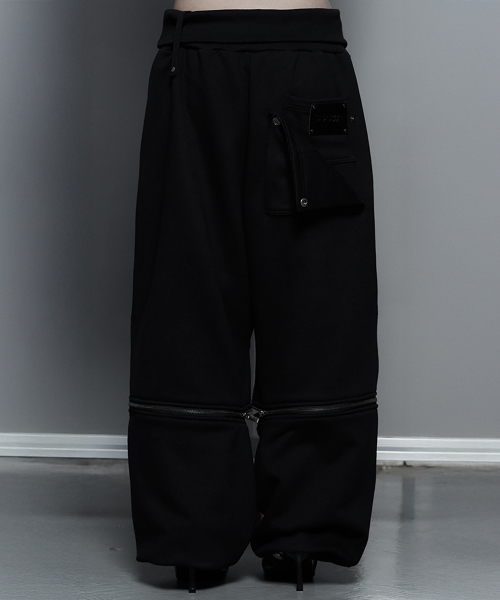 Zipper 2-Way Double Knee Bermuda Wide Pants (Black)