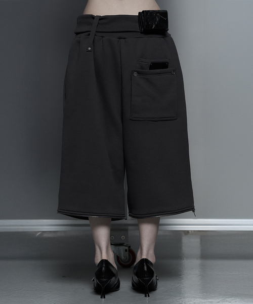 Zipper 2-Way Double Knee Wide Bermuda Pants (Charcoal)