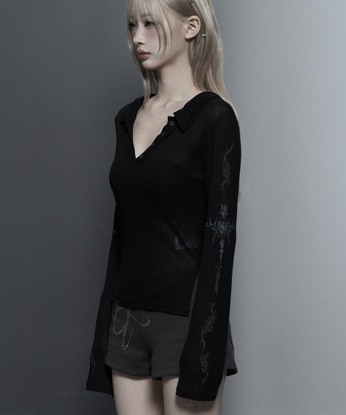 Rib Collar tattoo Long Sleeve Top (Black)