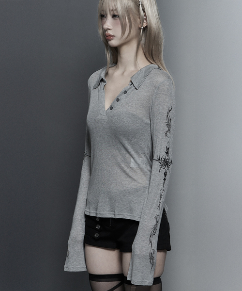 Rib Collar tattoo Long Sleeve Top (Light Gray)