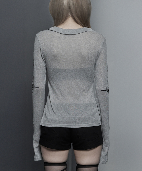 Rib Collar tattoo Long Sleeve Top (Light Gray)