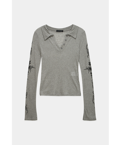 Rib Collar tattoo Long Sleeve Top (Light Gray)