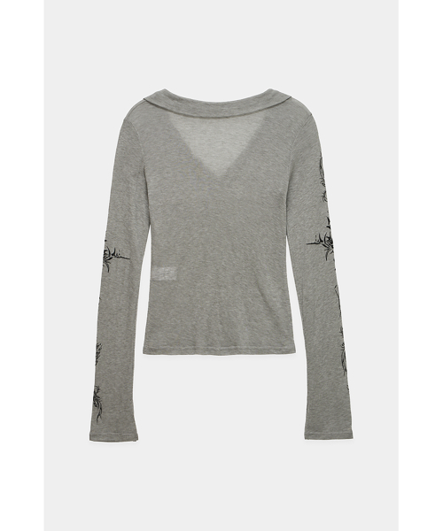 Rib Collar tattoo Long Sleeve Top (Light Gray)