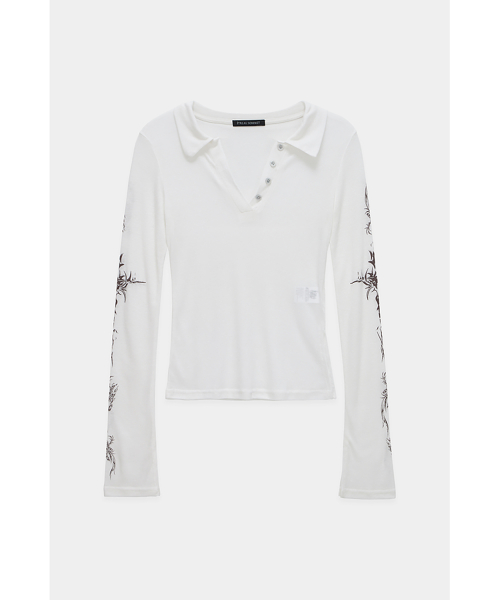 Rib Collar tattoo Long Sleeve Top (White)