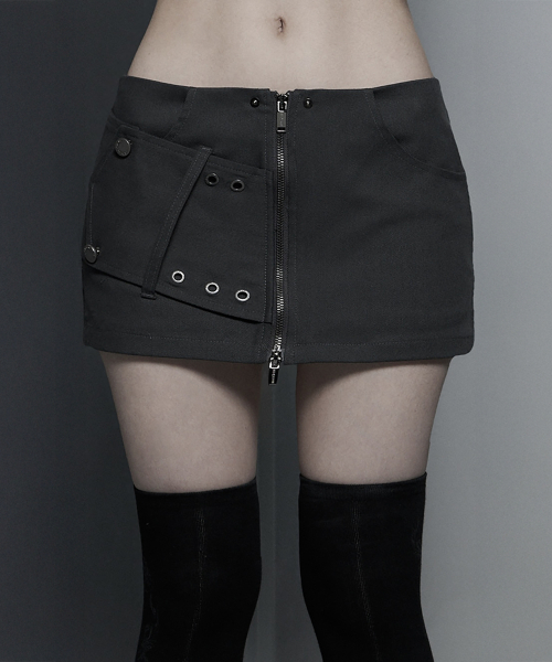 Front Zip Belt Detail Mini Skirt (Dark Gray)