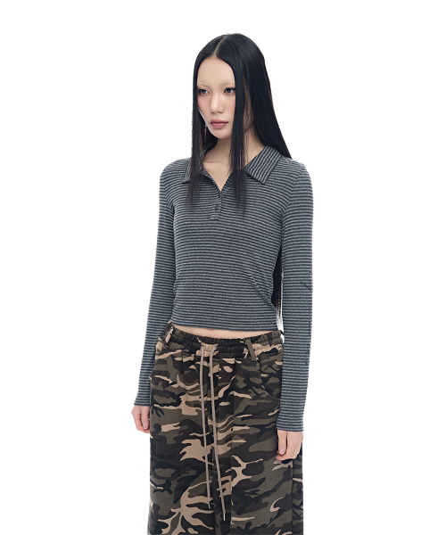 Stripe Crop Collar T-Shirt_Charcoal