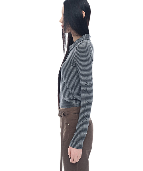 Stripe Crop Collar T-Shirt_Charcoal