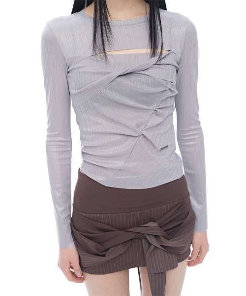 Contour Shirring Cut-Out T-Shirt_Silver