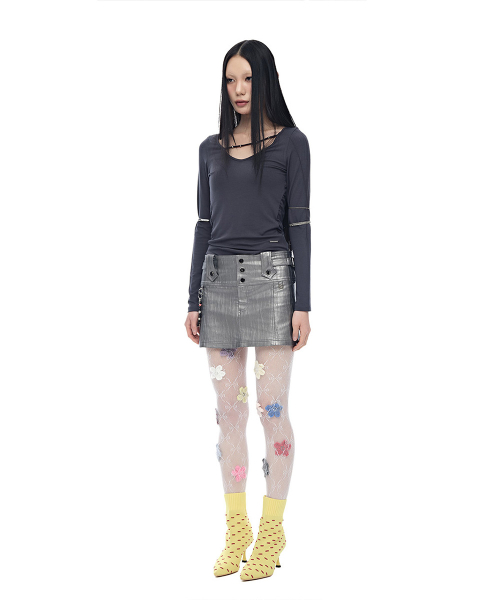 Leather Strap Mini Skirt_Metallic Silver